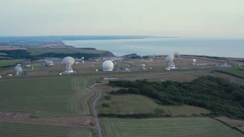 Fields and Farm over GCHQ Bude, Cornwall, England Stock Footage 201828546