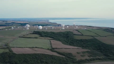 Fields and Farm over GCHQ Bude, Cornwall, England Stock Footage 201828561