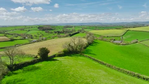 Fields and Farmlands at spring from a drone, Devon, England, Europe Видео 273418149