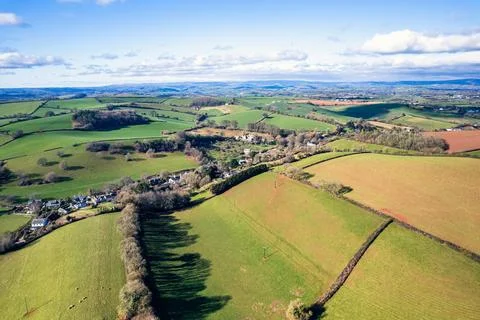 Fields and Farmlands in spring from a drone Devon England United Kingdom Europe Stock Photos