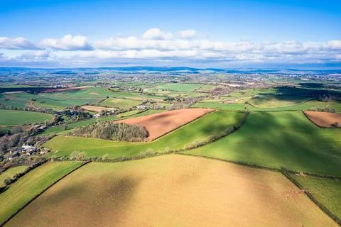 Fields and Farmlands in spring from a drone Devon England United Kingdom Europe Stock Photos