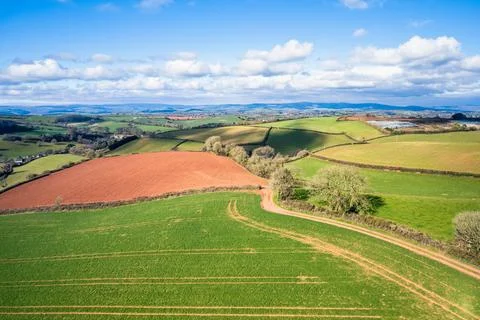 Fields and Farmlands in spring from a drone Devon England United Kingdom Europe Stock Photos