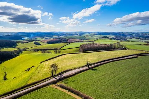 Fields and Farmlands in spring from a drone Devon England United Kingdom Europe Stock Photos