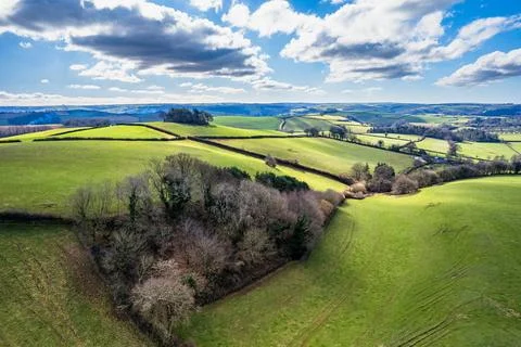 Fields and Farmlands in spring from a drone Devon England United Kingdom Europe Stock Photos