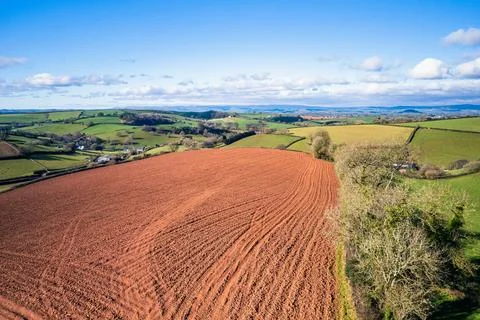 Fields and Farmlands in spring from a drone Devon England United Kingdom Europe Stock Photos