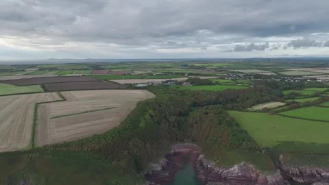 Fields and Farms from a drone, Monk Haven Beach, Pembrokeshire, Haverfordwest Stock Footage 250970887
