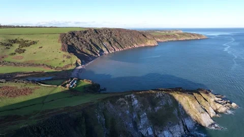 Fields and Farms over Man Sands from a drone, Brixham, Kingswear, Devon, UK Stock Footage 229437692
