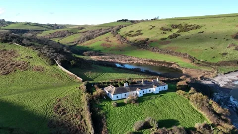 Fields and Farms over Man Sands from a drone, Brixham, Kingswear, Devon, UK Stockbeeldmateriaal 229446469