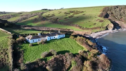 Fields and Farms over Man Sands from a drone, Brixham, Kingswear, Devon, UK Stock Footage 229471408