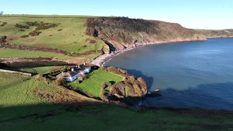 Fields and Farms over Man Sands from a drone, Brixham, Kingswear, Devon, UK Stock Footage 229546734