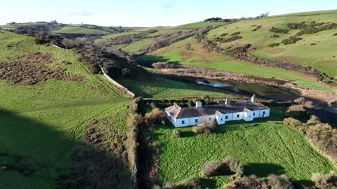 Fields and Farms over Man Sands from a drone, Brixham, Kingswear, Devon, UK Stock Footage 229546801