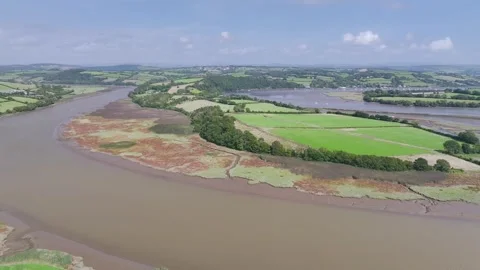 Fields and Farms over River Tamar from a drone, Cornwall, England Stock-Footage 283544924