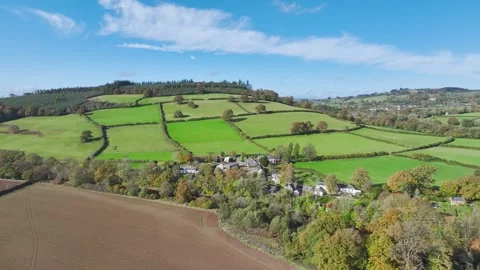Fields and Farms over River Usk from a drone, Brecon, Powys, Wales, England Stock Footage 290254540