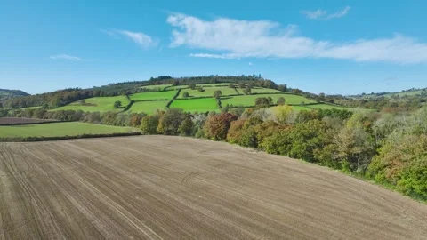 Fields and Farms over River Usk from a drone, Brecon, Powys, Wales, England Stock Footage 290254650