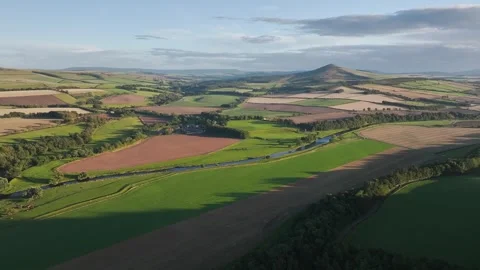 Fields and Farms over River Teviot from a drone, Roxburghshire, Scotland Stock-Footage 317349024
