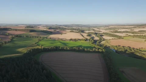 Fields and Farms over River Teviot from a drone, Roxburghshire, Scotland Stock-Footage 317349075