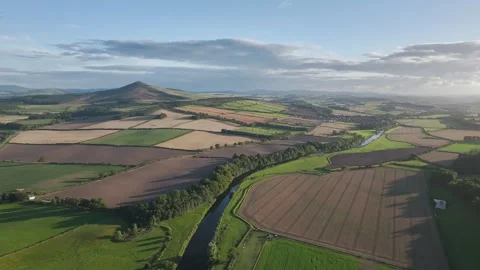 Fields and Farms over River Teviot from a drone, Roxburghshire, Scotland Stock-Footage 317349103