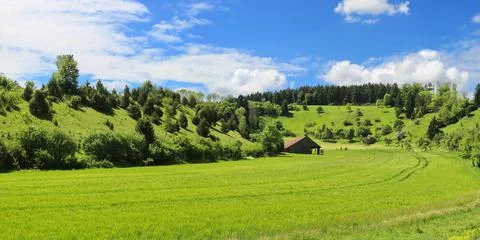 Fields and meadows are enclosed by hills covered with trees Foto stock