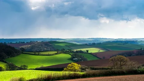 Fields and Meadows over English Village, Devon, England, Europe Stock-Footage 152861350