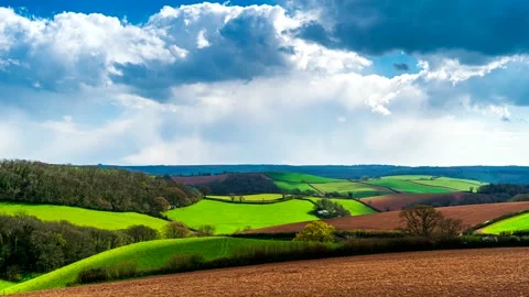Fields and Meadows over English Village, Devon, England, Europe Vidéo 152861462