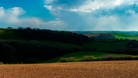 Fields and Meadows over English Village, Devon, England, Europe Stock Footage 152861613