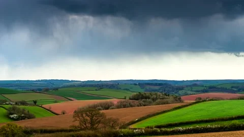 Fields and Meadows over English Village, Devon, England, Europe Stock Footage 152861674