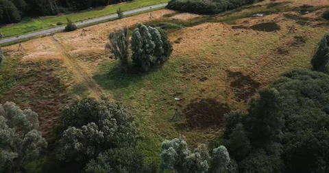 Fields and trees landscape showing small stream appearing Stock Footage 293942603