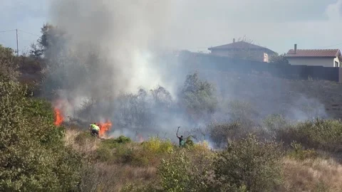 Fields are burning, and people put out the fire themselves. 動画素材 218596292