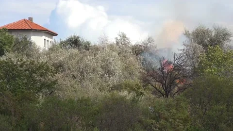 Fields are burning. Fire truck responding to an emergency call Stock-Footage 218596298