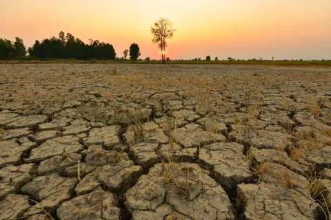 The fields are dry, the land is broken. And the evening sun. Foto stock