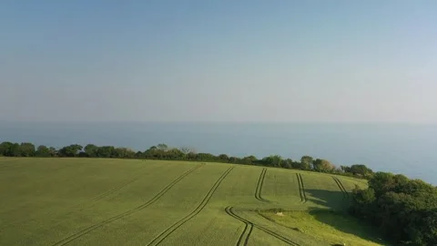 Fields with beautiful crop lines to sea English Channel Dorset Lyme Regis Stock Footage 243257357
