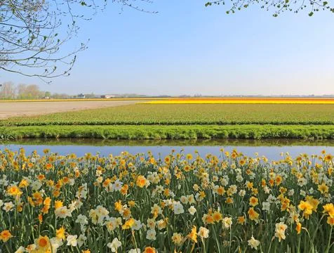 Fields covered with flowers in the Netherlands Stock Photos