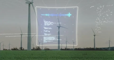 Fields initiating HUD around central wind turbine, expanding graphs and panels Stock Footage 317128682