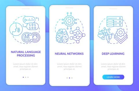 Fields of machine learning blue gradient onboarding mobile app screen Illustrazione stock
