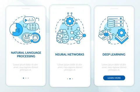 Fields of machine learning blue onboarding mobile app screen Illustrazione stock
