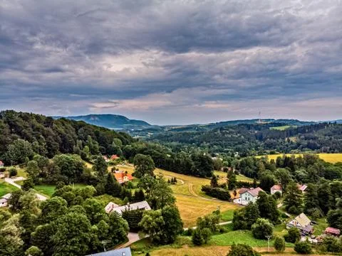 Fields, meadows and thick rain clouds over the countryside in the Czech Repub Stock Photos