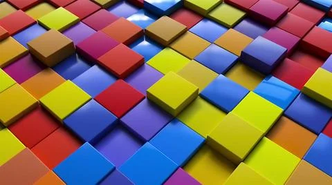 Fields of random colored cubes Geometric 3d render simple squares laid wit... Stock Photos