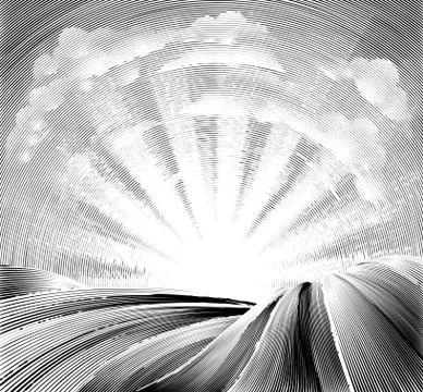 Fields Rolling Hills and Sun Woodcut Stock Illustration
