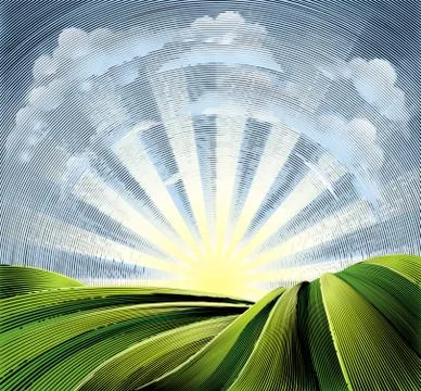 Fields Rolling Hills and Sun Engraved Etching Stock Illustration