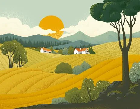Fields Rolling Hills Farm Landscape Background 스톡 일러스트