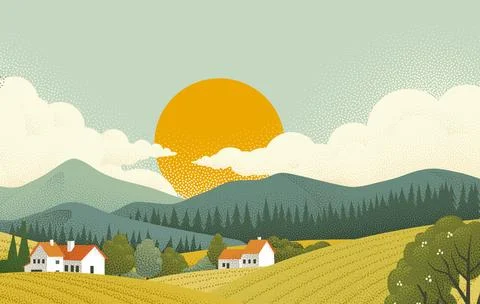 Fields Rolling Hills Farm Landscape Background Stock Illustration