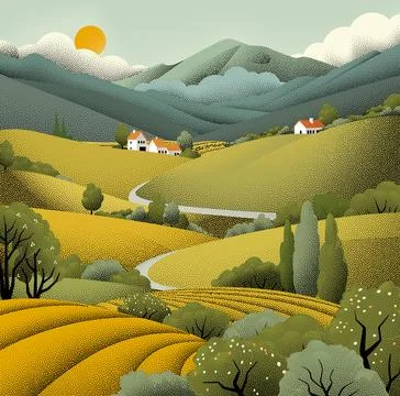 Fields Rolling Hills Farm Landscape Background Stock Illustration