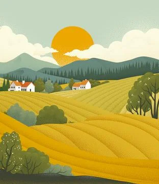 Fields Rolling Hills Farm Landscape Background Stock Illustration