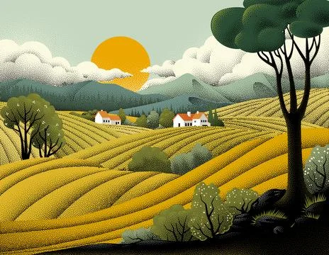 Fields Rolling Hills Farm Landscape Background Stock Illustration