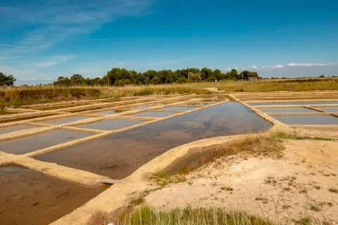 Fields for salt extraction filled with sea water Stock Photos