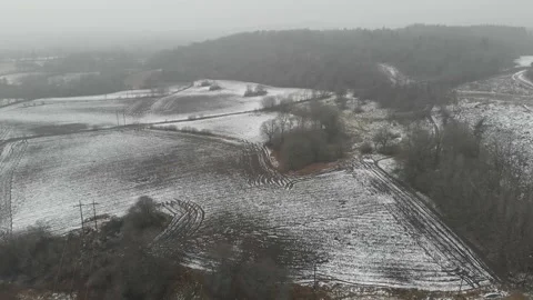 Fields With Snow During Winter Season, Farming Concept, Backwards Aerial Stock Footage 149102151