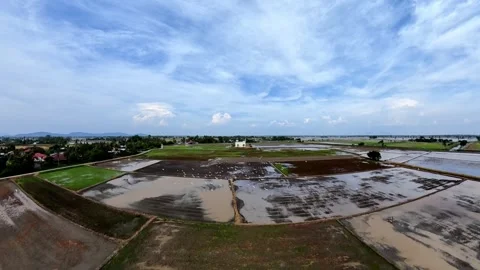 Fields stretch under open sky with wispy clouds above Vidéo 345392475