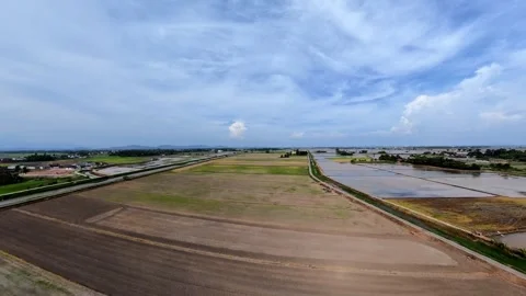 Fields stretch under soft blue sky with wispy clouds Vidéo 345392792