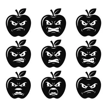 Fierce evil apple emoticons set silhouette vector illustration 스톡 일러스트