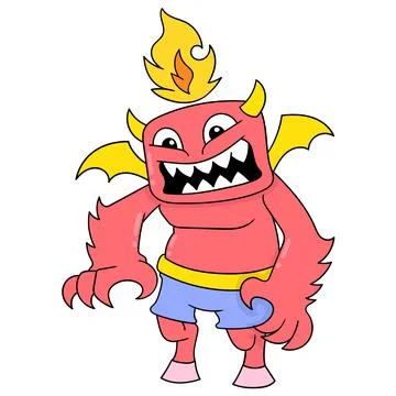 The fierce faced red skinned monster spit fire on its head, doodle icon image Stock Illustration